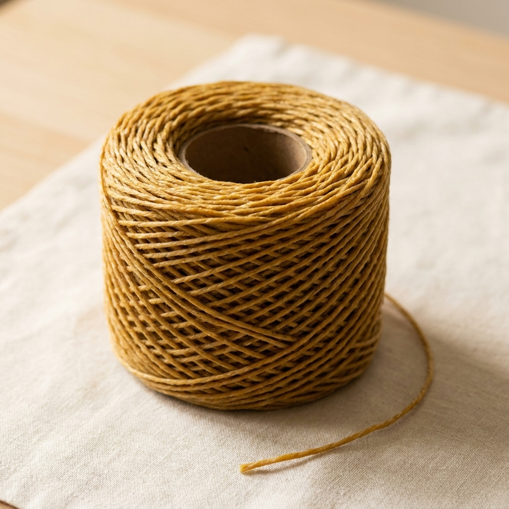 Beeswax-coated hemp wick spool on cream linen